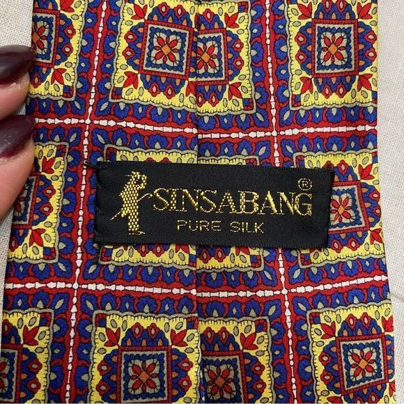 Men’s‎ Sisabang 100% Silk Neck Tie Yellow, Blue and Res - Picture 6 of 8